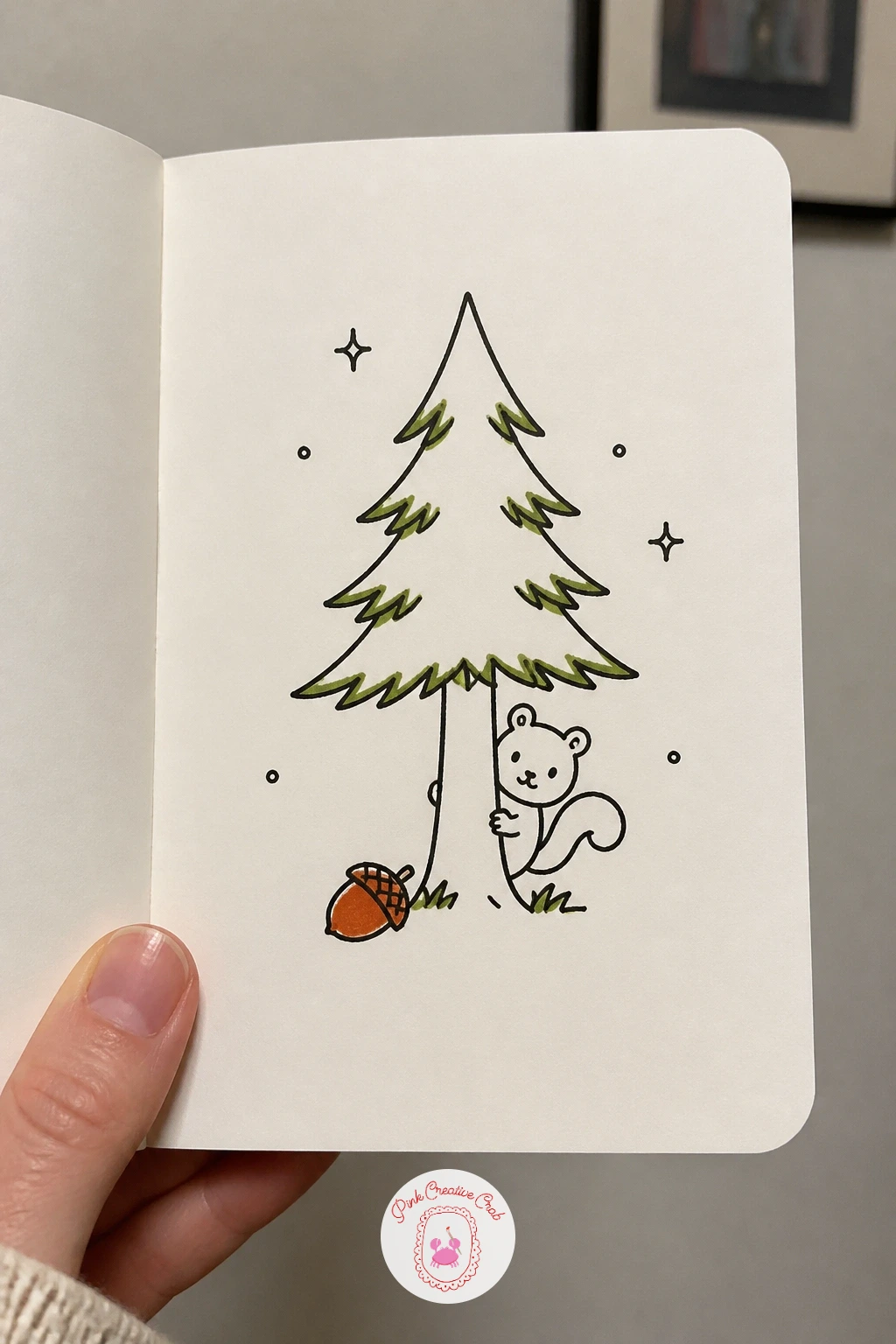 Pine Tree With Peeking Squirrel — Start simple with a pine tree with a peeking squirrel, a good warm-up for the whole page. Nature doodles