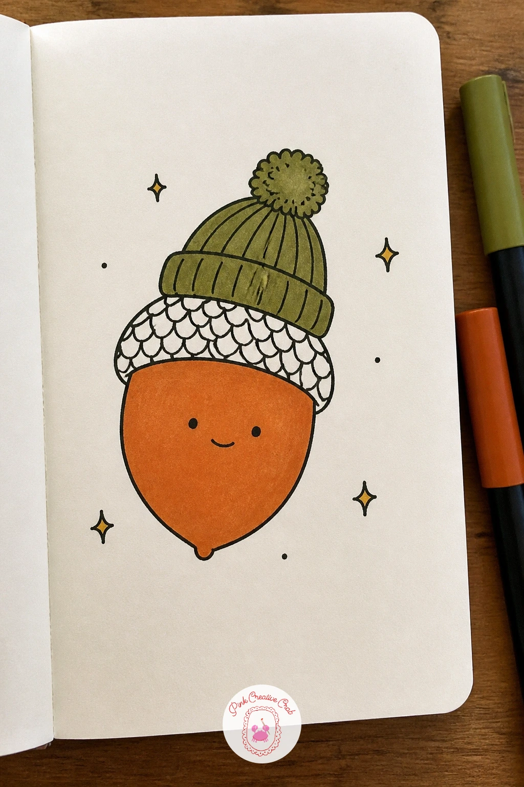 Acorn Wearing a Hat — An acorn wearing a hat is the quickest subject on this list and a nice one to repeat down a page margin. Nature doodles