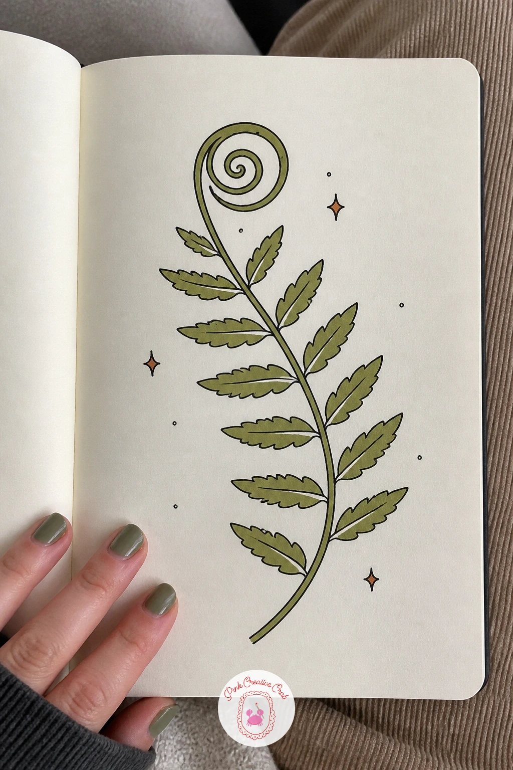 Fern Unfurling — Unfurling, a fern's new frond curls in on itself like a tiny green spiral, and that spiral is the whole trick to drawing it. Nature doodles