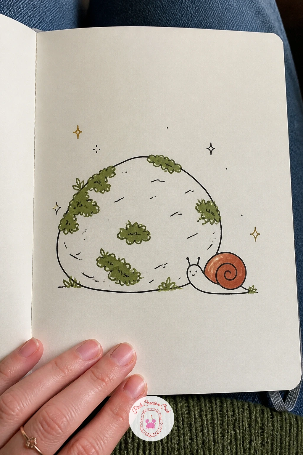 Rock With Moss and a Snail — Keep things small and calm with a rock with moss and a snail, a lovely quiet subject for a corner of the page. Nature doodles