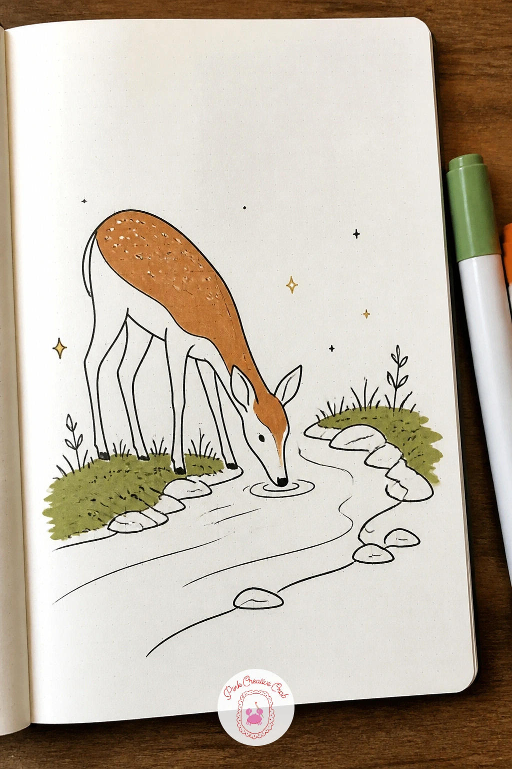 Deer Drinking From a Stream — Proportion carries this whole drawing: a deer drinking from a stream only looks right if the legs are long enough to make the