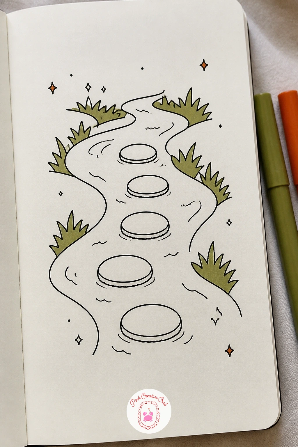 River With Stepping Stones — Edges do the work in this one: a river with stepping stones needs crisp hard outlines on the stones and looser wavy lines on the