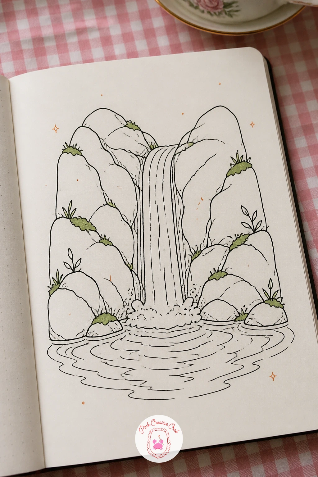 Waterfall Into a Pool — Ten minutes gets you a simple waterfall into a pool: two long vertical lines for the falling water, a few short horizontal dashes