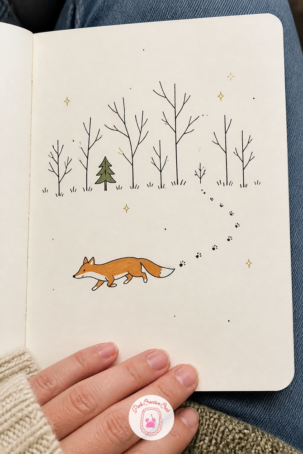 Fox Trail in Snow — Negative space carries a fox trail in snow more than any single line does, so decide early how much white paper you plan to leave untouched