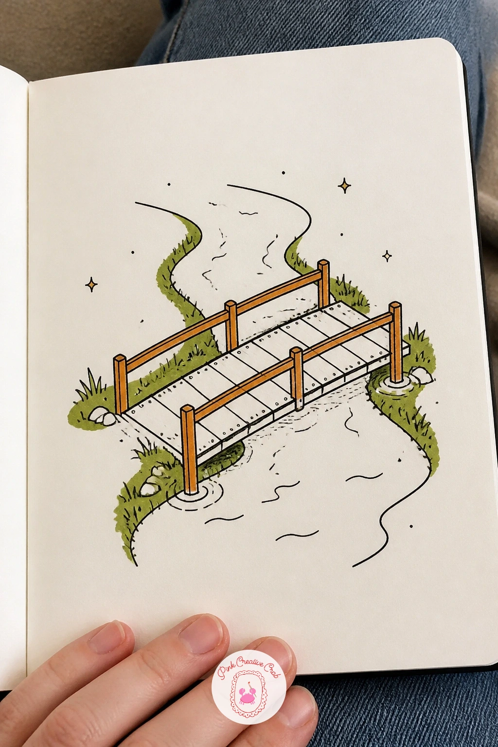 Stream With a Wooden Bridge — Perspective returns here: a stream with a wooden bridge needs the bridge planks to angle slightly toward a vanishing point if you