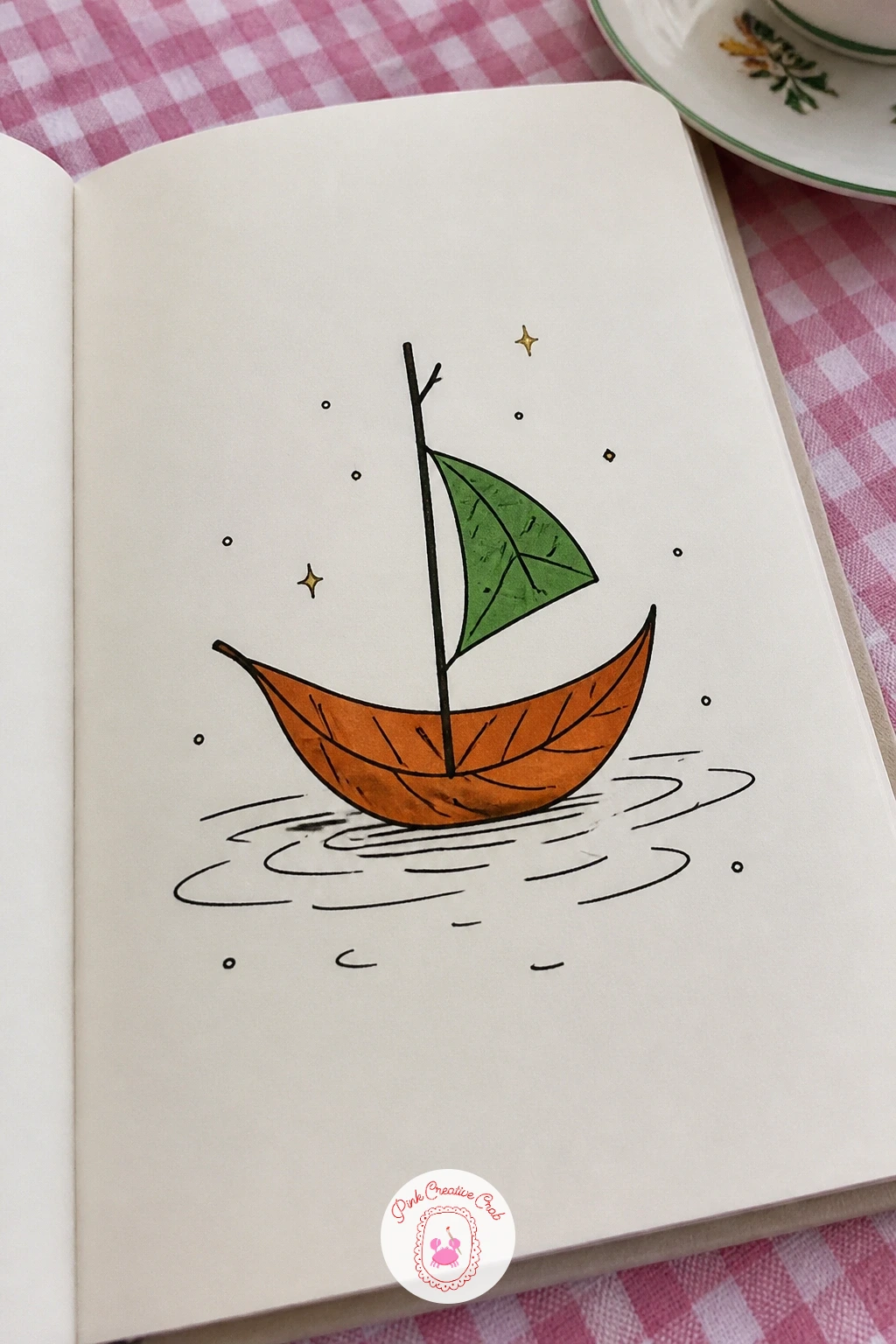 Leaf Boat on Water — Scale makes or breaks a leaf boat on water, so keep the leaf noticeably small against a wide stretch of rippled water around it, a tiny