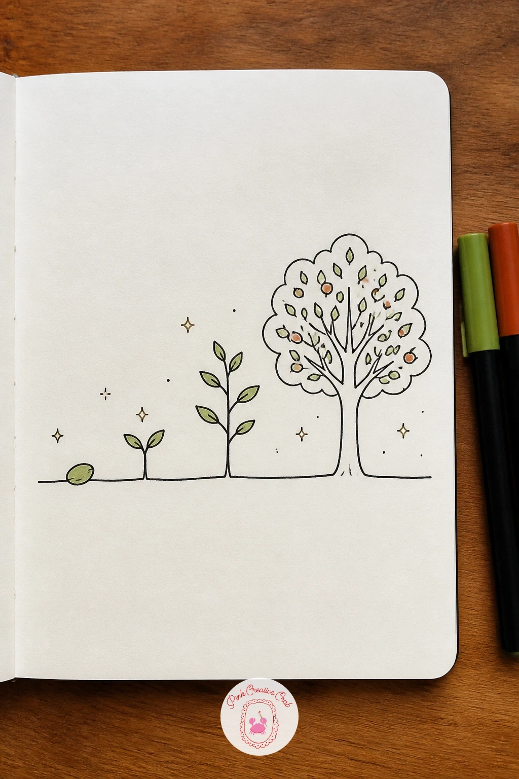 Seed Growing Into a Tree — Close the page with a seed growing into a tree, a nice one to end on since it tells a small story in a single row. Nature doodles