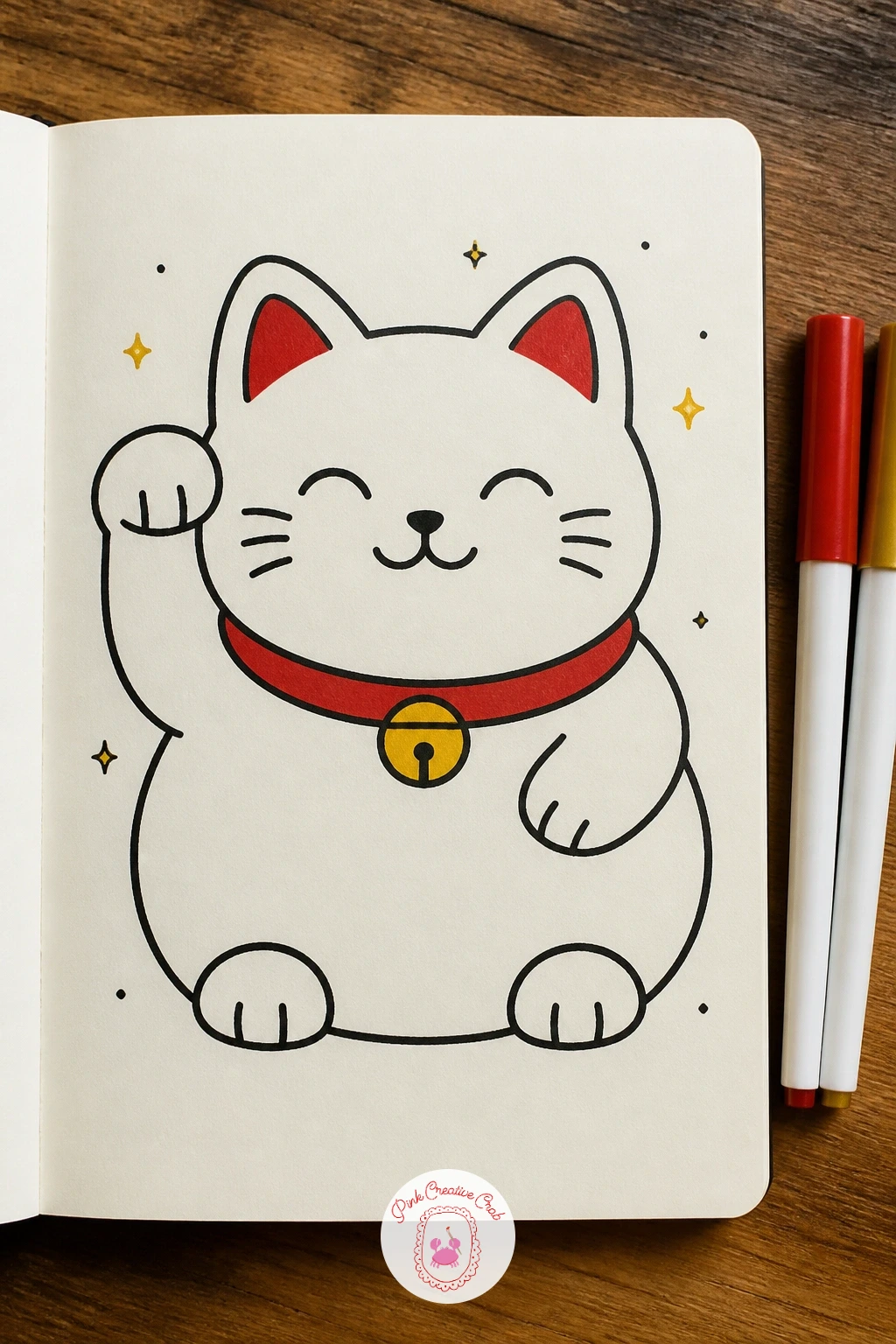 Waving Maneki Neko — Start with the maneki neko, the waving lucky cat, since its whole body is just two stacked shapes. Japanese doodles