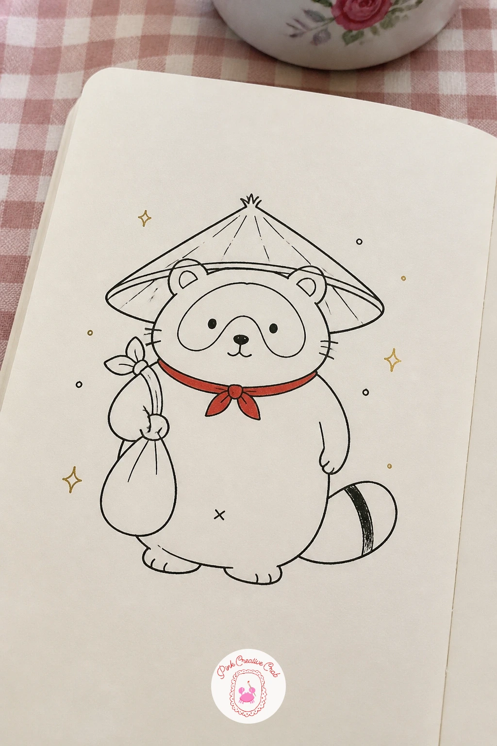 Tanuki in a Straw Hat — The tanuki is a round, cheerful shape to draw after all the straighter lines of the flag. Japanese doodles