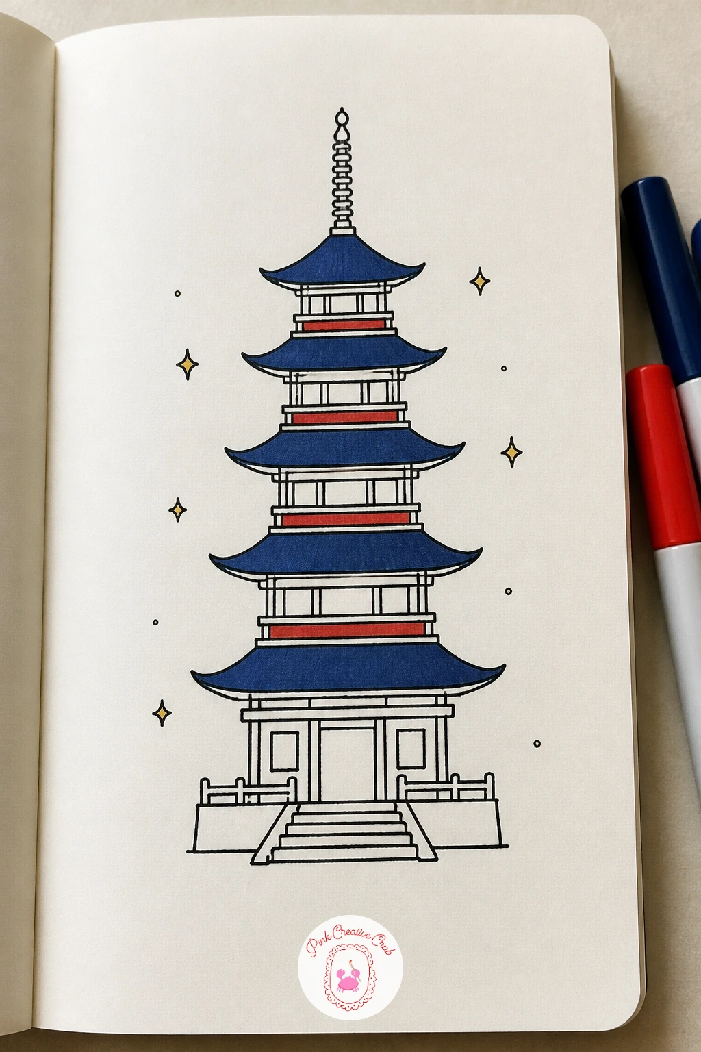Five-Tier Pagoda — The pagoda takes the gate's straight lines further into a small building. Japanese doodles