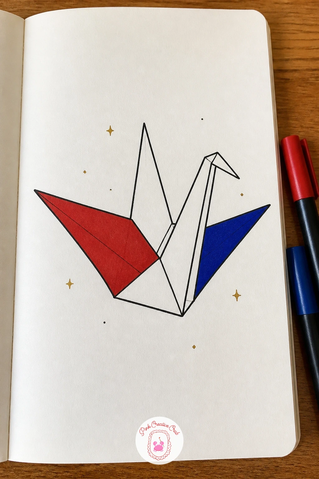 Folded Paper Crane — The origami crane is a study in flat planes rather than curves, so draw it with straight connecting lines throughout: a diamond body, two