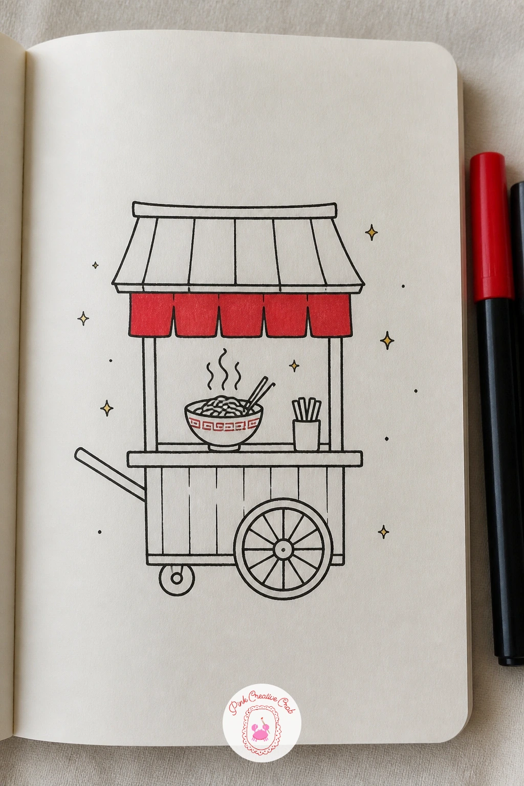 Little Ramen Cart — The ramen cart is a small scene rather than a single object, so build it in layers: the cart body first as a simple box on two wheels, then
