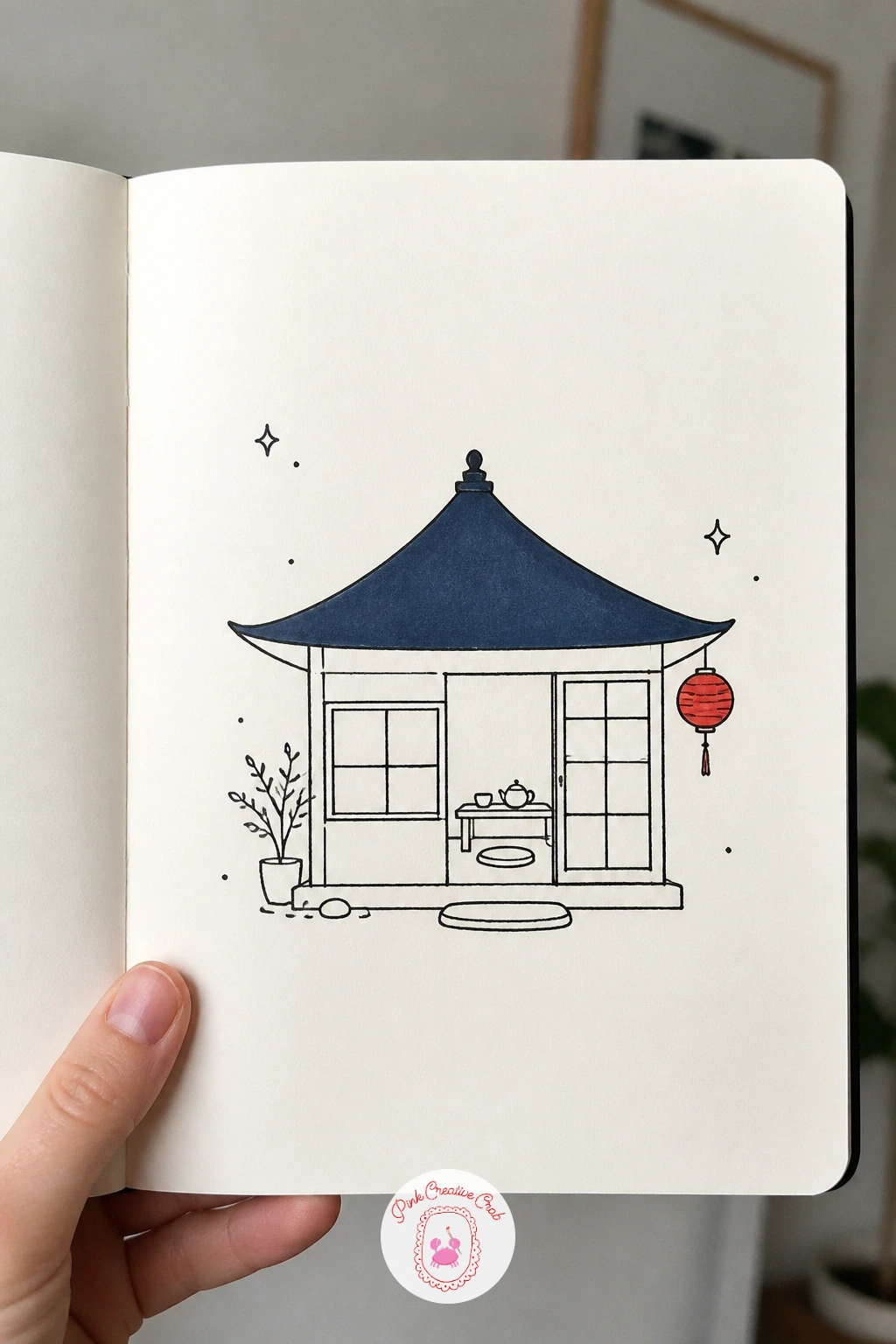 Quiet Tea House — The tea house is a slightly bigger building study, so start with its roofline, a low, wide curve with gently flared edges, before adding the