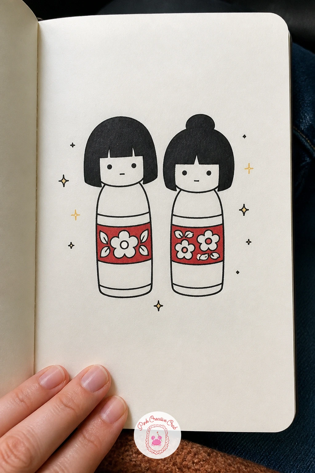 Kokeshi Doll Pair — The kokeshi doll is almost a straight cylinder, which makes it a quick palette-cleanser after the fan's radiating lines. Japanese doodles