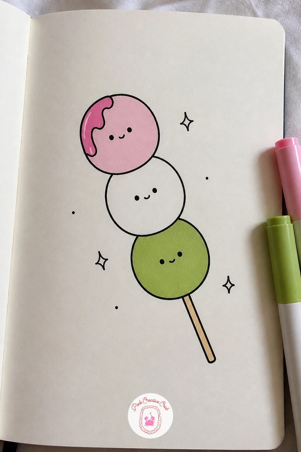 Dango Skewer — Dango is a quick, cheerful food doodle: draw one straight skewer line, then thread three round balls along it, evenly spaced with small gaps