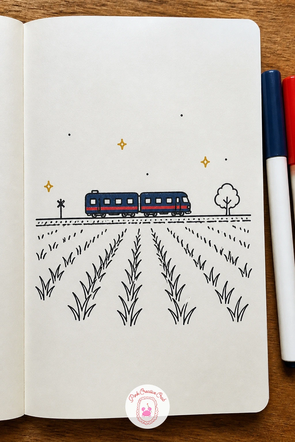 Train Passing Rice Fields — The train scene brings in a bit of landscape perspective: keep the horizon low again, as with the mountain doodle earlier, and draw