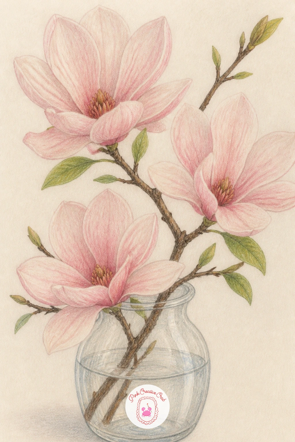Magnolia Branch in a Glass Vase — Start with the vase itself, a simple cylinder or tapered jar drawn lightly in graphite so you have a clean container for the