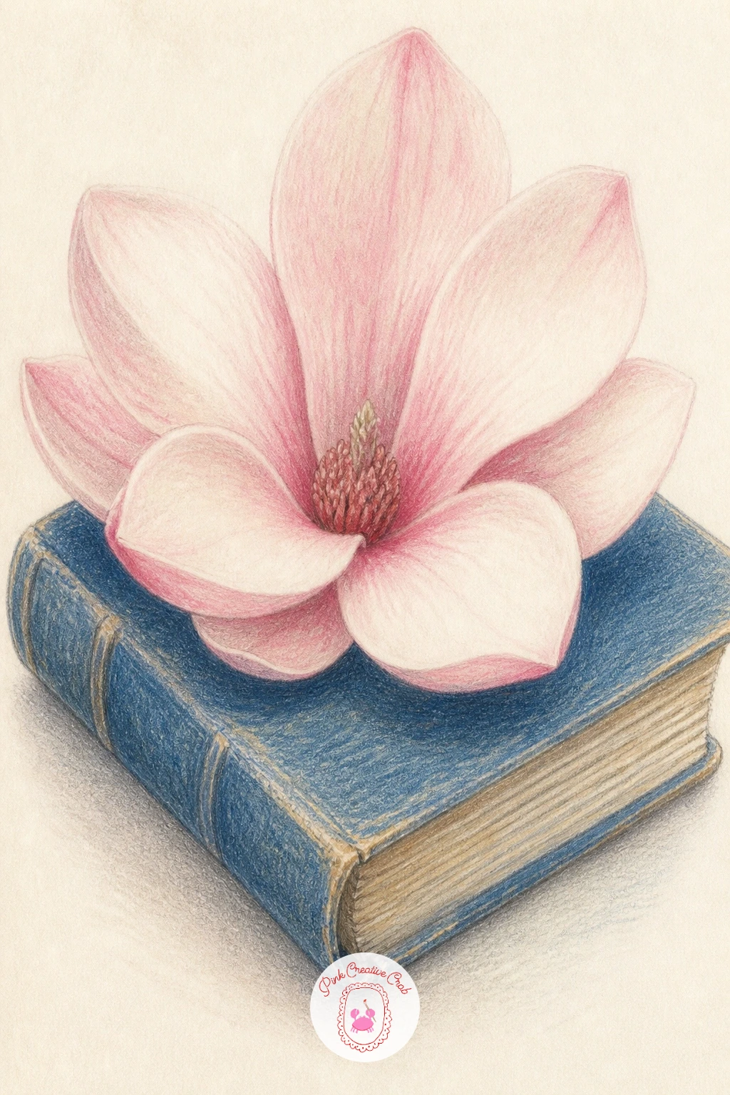 Single Magnolia Bloom on a Book — Choosing where the eye sits changes everything here: set your viewpoint slightly above the book, looking down at a gentle
