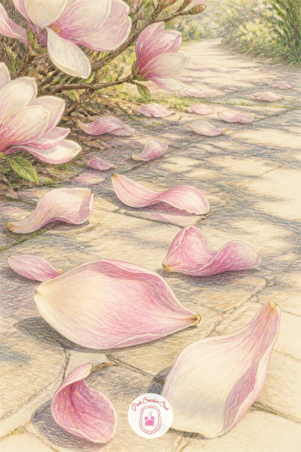 Magnolia Petals on a Path — Scatter comes next, after flowers that stay whole and contained. Magnolia drawing