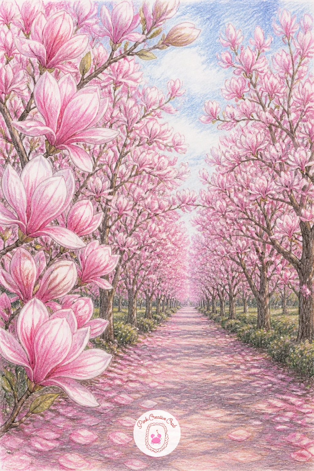 Magnolia Alley in a Park — Perspective carries this whole scene, so set your eye level low, roughly where a seated person's eyes would be, and let both rows of