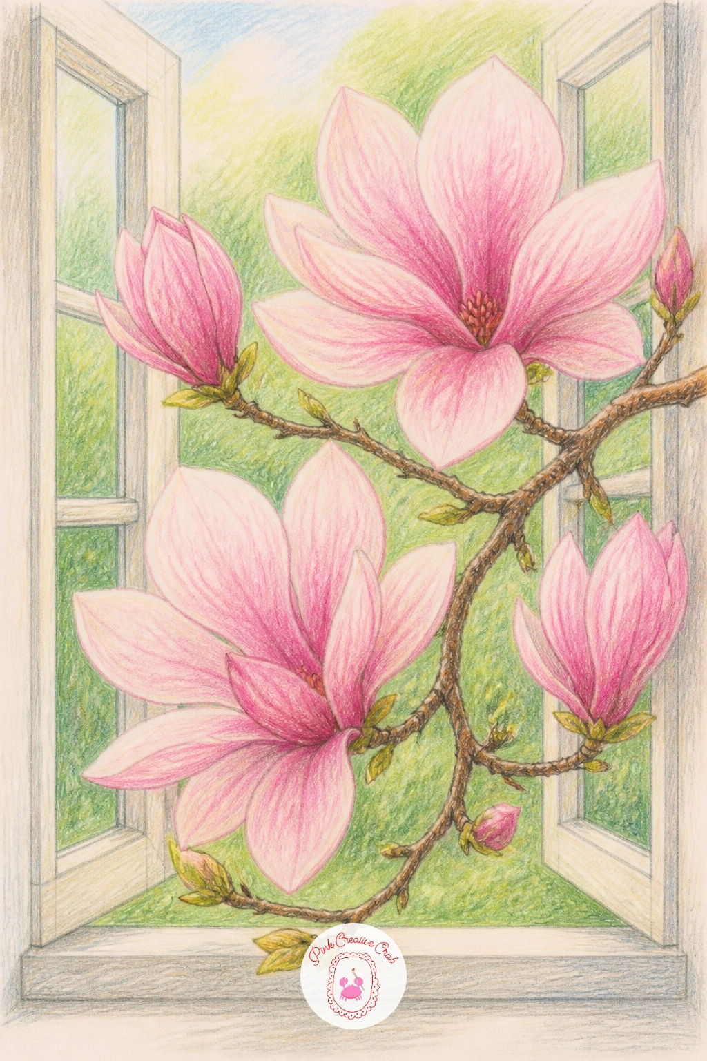 Magnolia Branch in a Window — Frame the whole scene with a window this time, drawing a simple square or arched frame first with a visible sill, since the