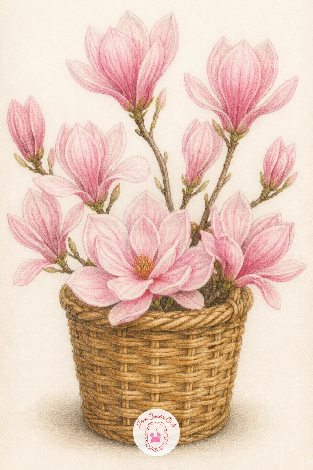 Magnolia in a Basket — Gather a small bundle of stems into a woven basket for a cozy, gathered-from-the-garden feeling. Magnolia drawing
