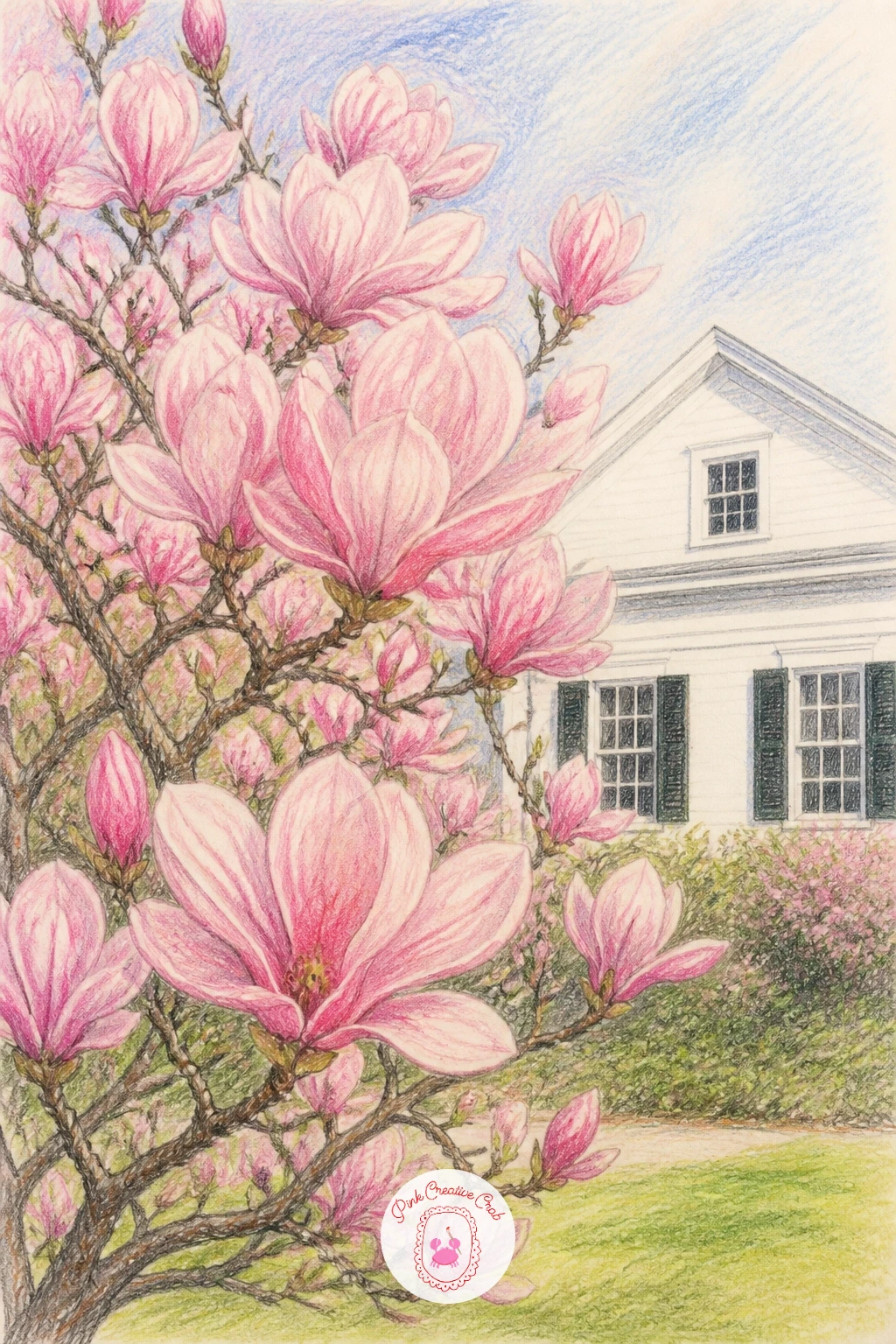 Magnolia Tree by a White House — Place a blooming tree beside a simple white house for a scene that feels like a storybook spring morning. Magnolia drawing