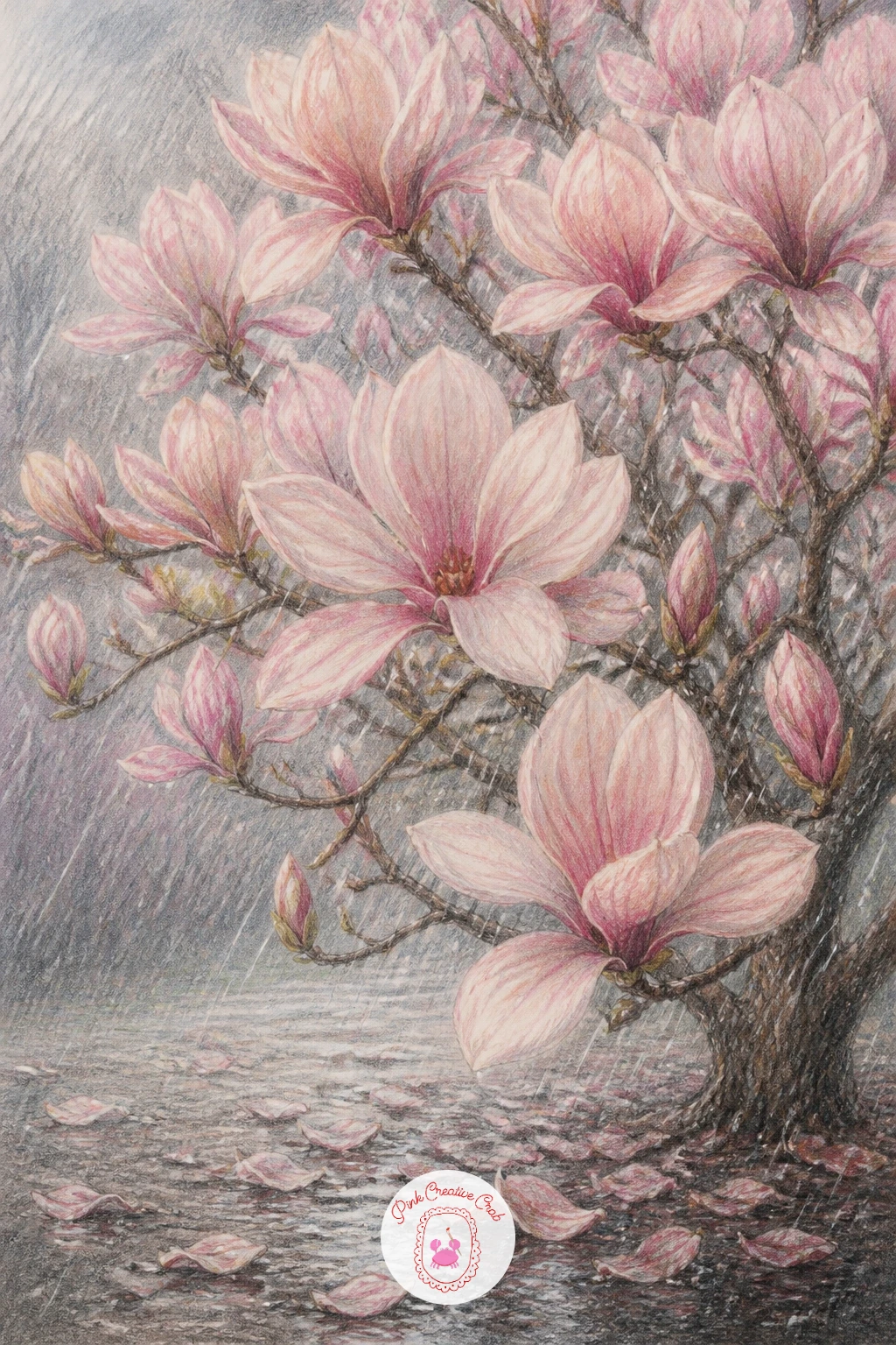 Magnolia Tree in Rain — Light and weather work together in this one, so decide where a soft, overcast light sits (usually flat and from above with no strong