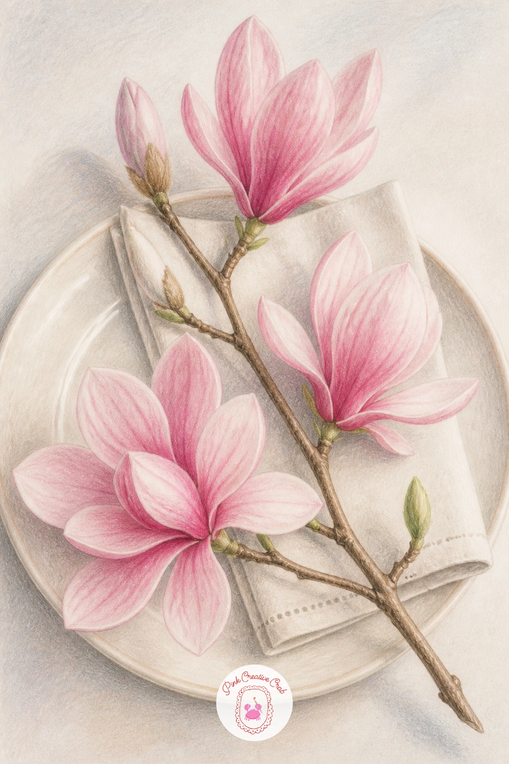Magnolia Branch on a Table Setting — Table settings ask for a sense of looking slightly down at a flat surface, so keep your eye level high and every object