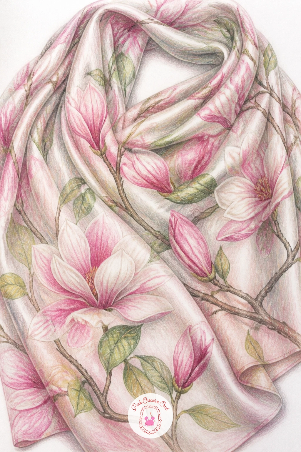 Magnolia Print on a Scarf — Fabric changes how the flower sits on the page, so this time let the blossoms follow soft, draped folds rather than a flat, static