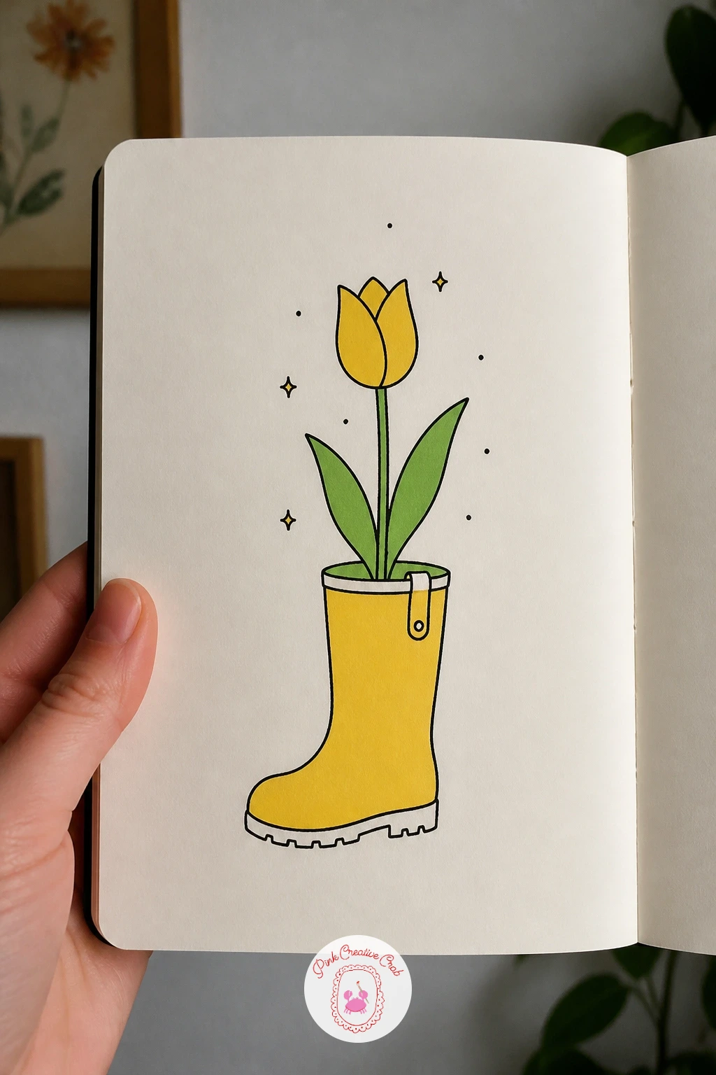 Rain Boot With a Flower Growing In It — After two small round subjects, try a rain boot, a shape built from one tall curved rectangle for the leg and a rounded