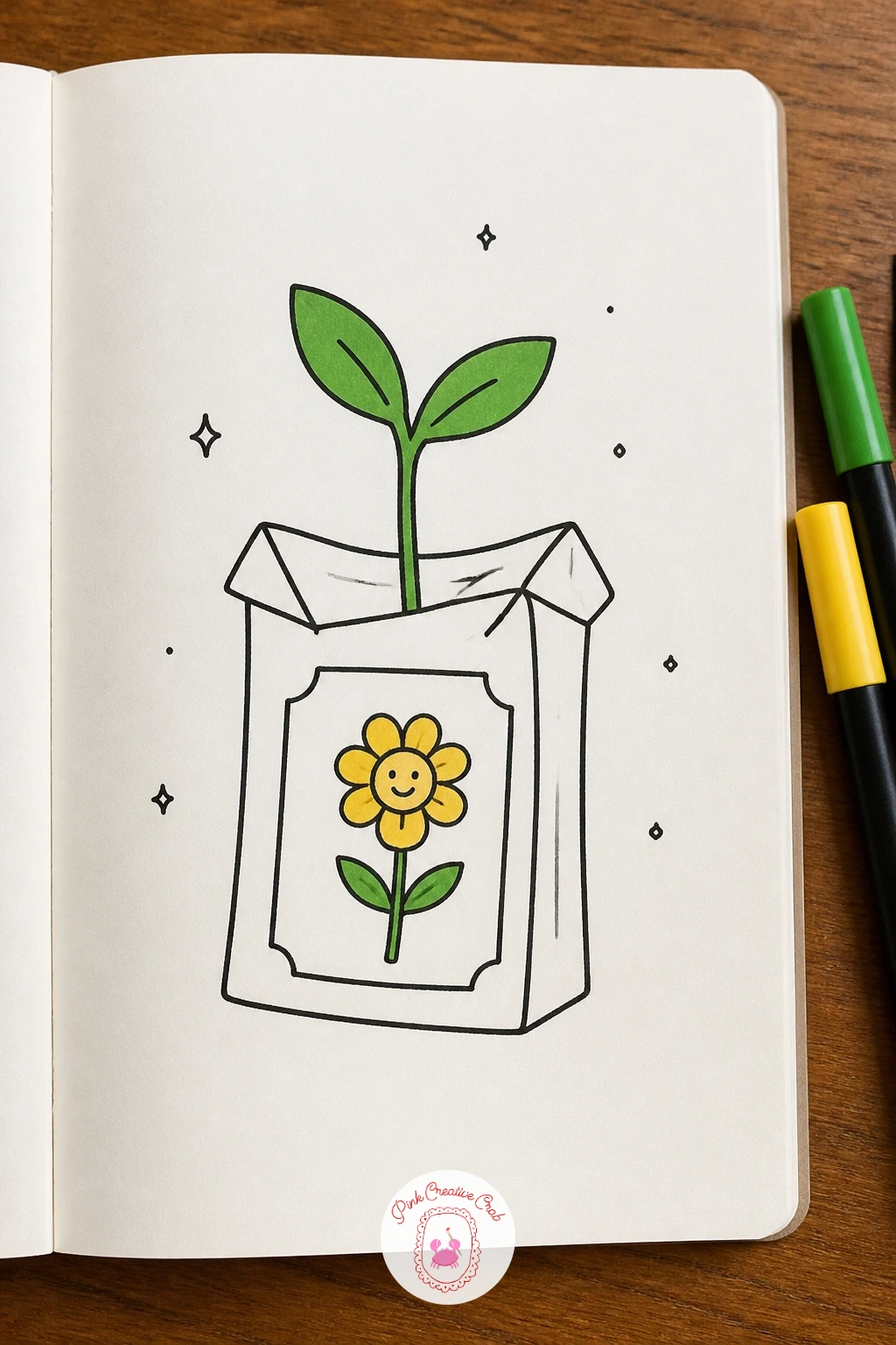 Seed Packet With a Sprout — Keep building on small still objects with a seed packet, drawn as a simple rectangle with a torn top edge and a tiny printed flower