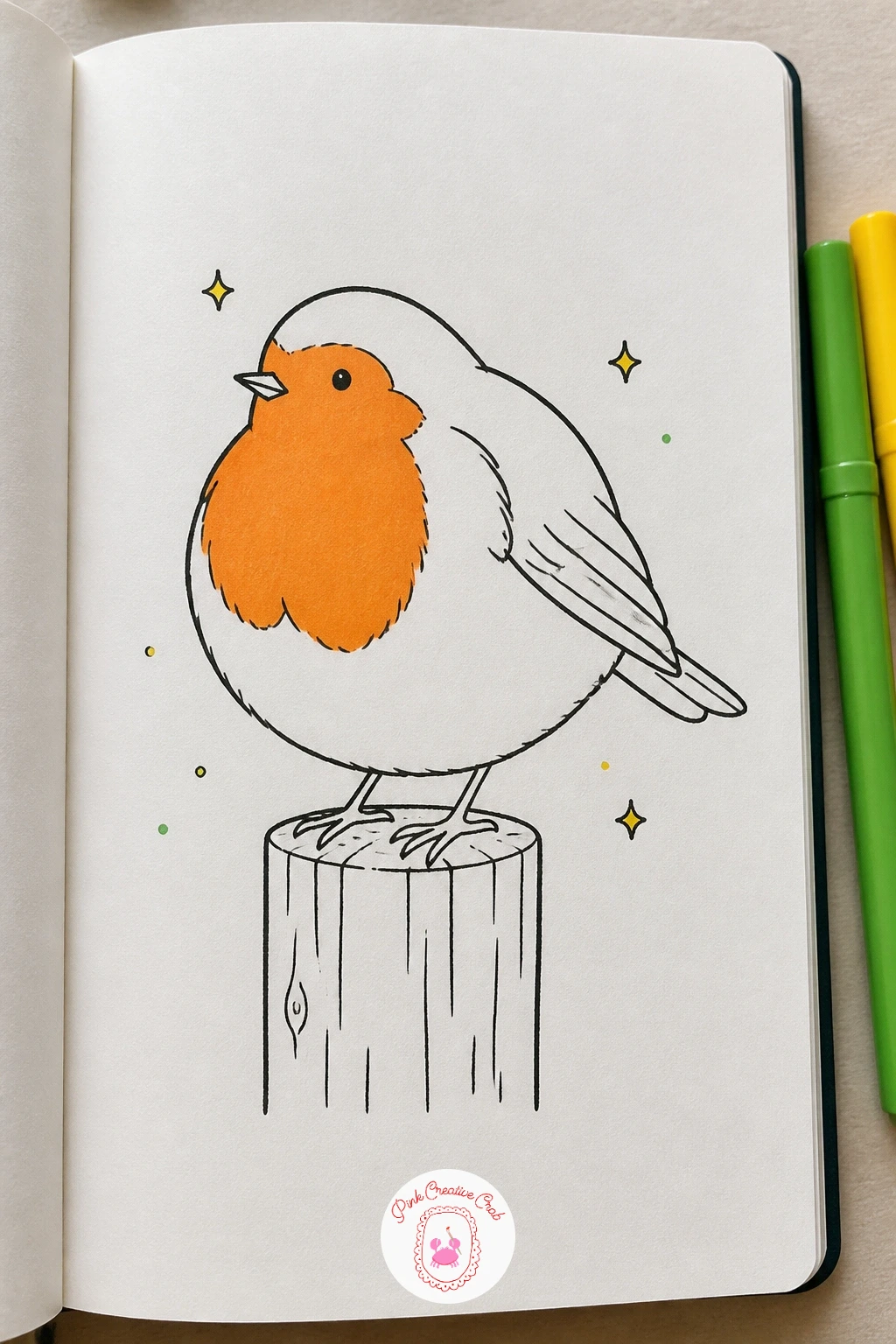 Robin on a Fence Post — Give the bee some company with a robin perched on a short fence post, chest puffed out against the early spring chill. March doodles