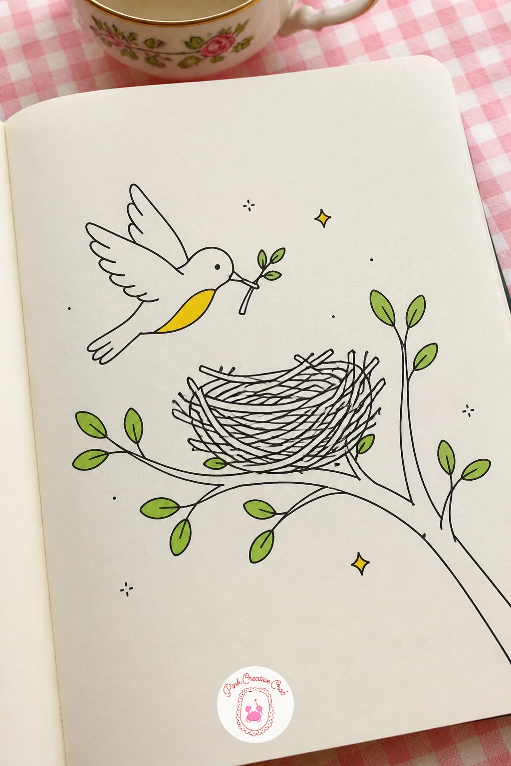 Bird Building a Nest — Move from a perched bird to one caught mid-task: a small bird arriving at a half-built nest with a twig in its beak. March doodles