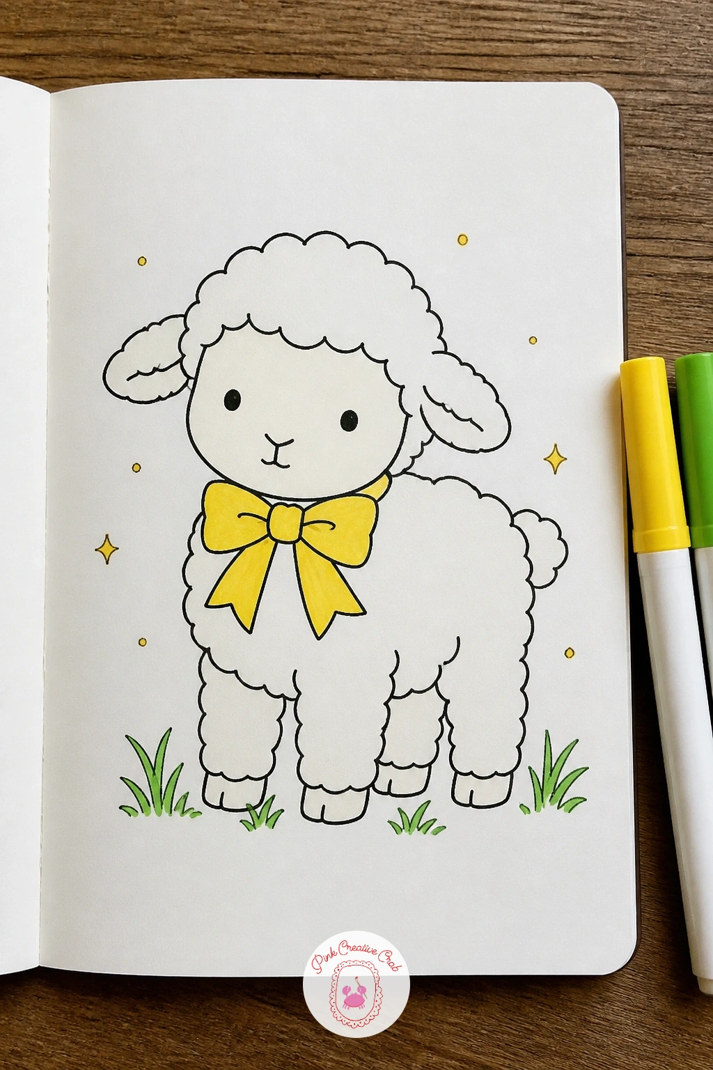 Lamb With a Bow — Bring in a small farm animal with a lamb wearing a simple bow around its neck, standing in a patch of grass. March doodles