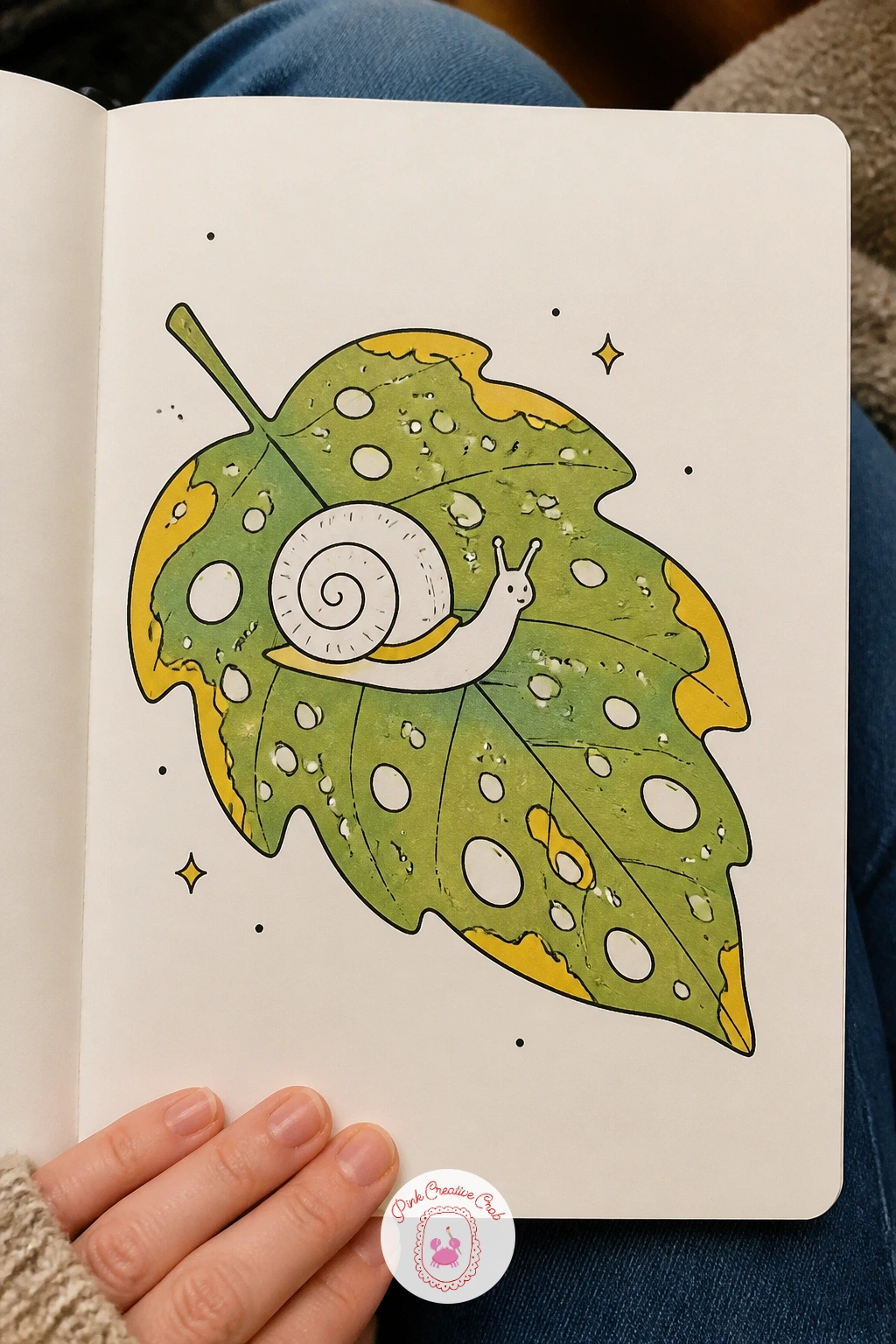 Snail on a Wet Leaf — After the lamb, slow right down with a small snail resting on a large wet leaf, left over from a recent shower. March doodles