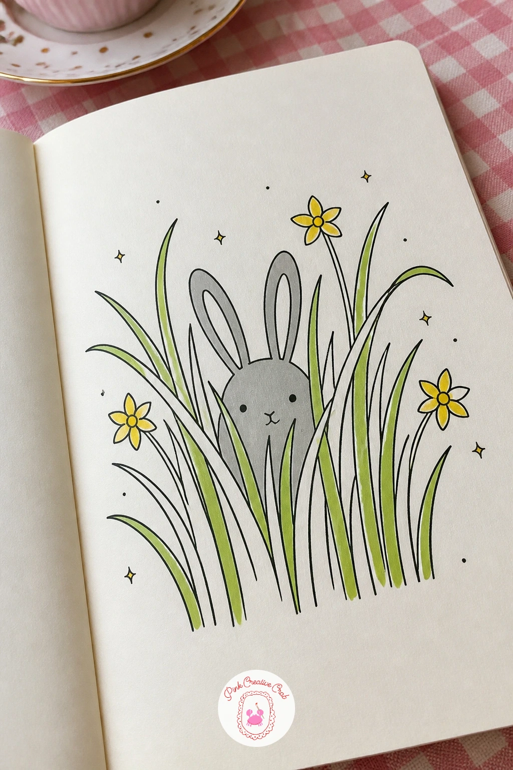 Bunny Peeking From Tall Grass — Add a little shyness to the page with a small bunny peeking out from behind a clump of tall grass, only its head and two ears