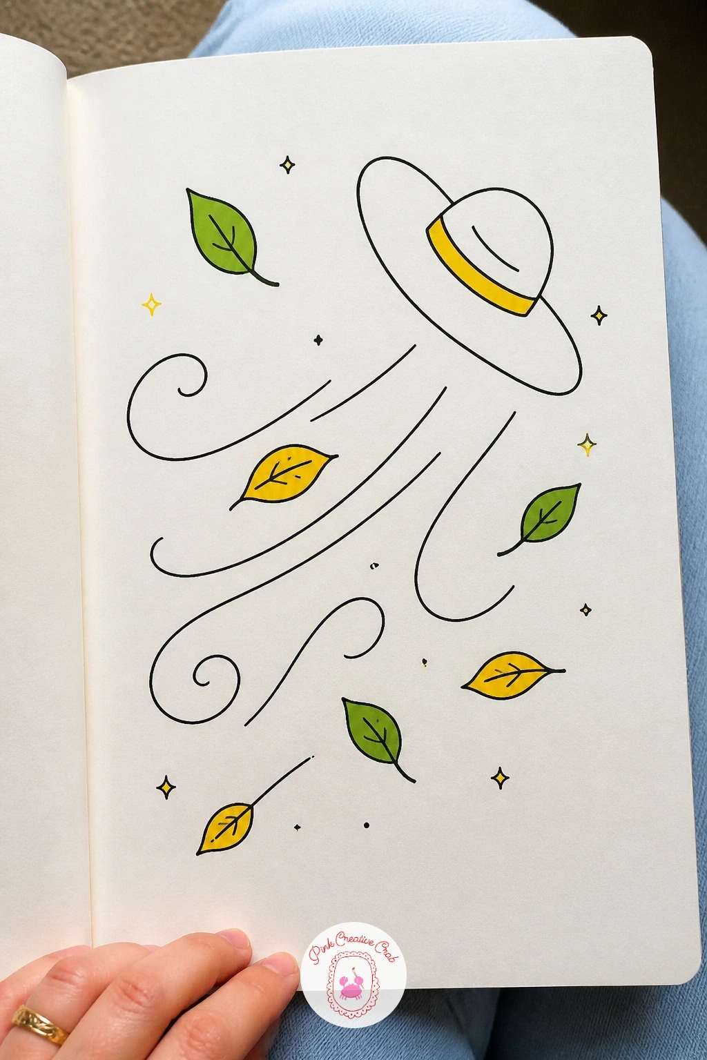 Windy Day With Leaves and a Hat Flying — Add some motion to the page with a small scene of a hat caught mid-air, leaves swirling around it in a sudden gust.