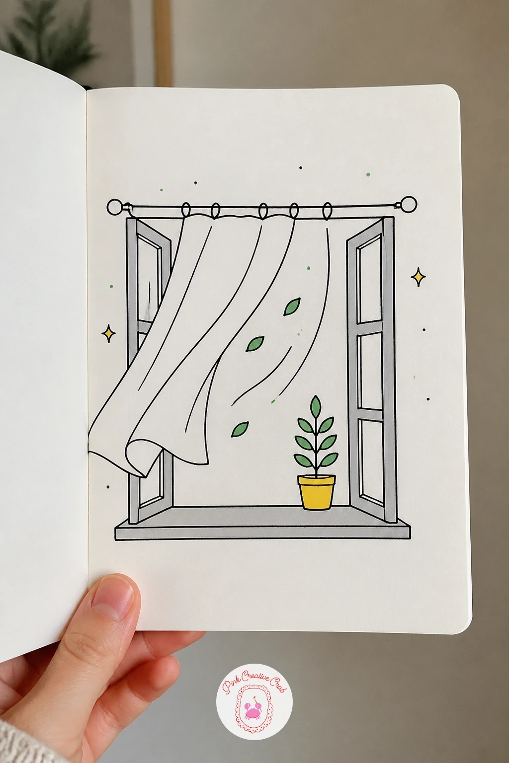 Open Window With a Breeze — Build a slightly larger scene with an open window, curtains lifting gently as a spring breeze moves through. March doodles