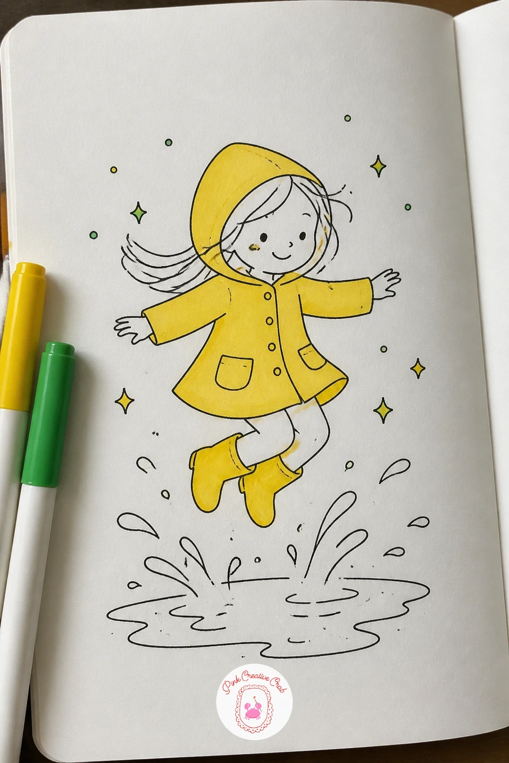 Girl in a Raincoat Jumping in a Puddle — Bring a little character energy to the page with a girl in a raincoat caught mid-jump over a puddle, splashes flying