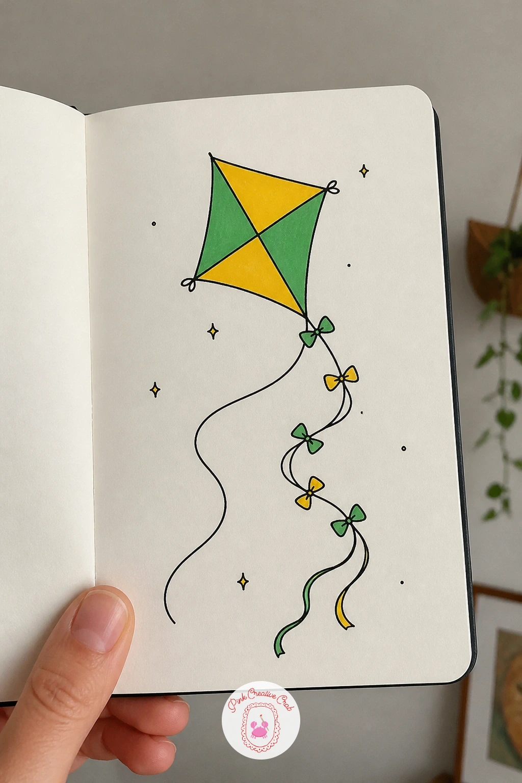 Kite Caught in a Breeze — Lift the eye up the page with a diamond-shaped kite caught mid-flight, its tail ribbons curling behind it in the wind. March doodles