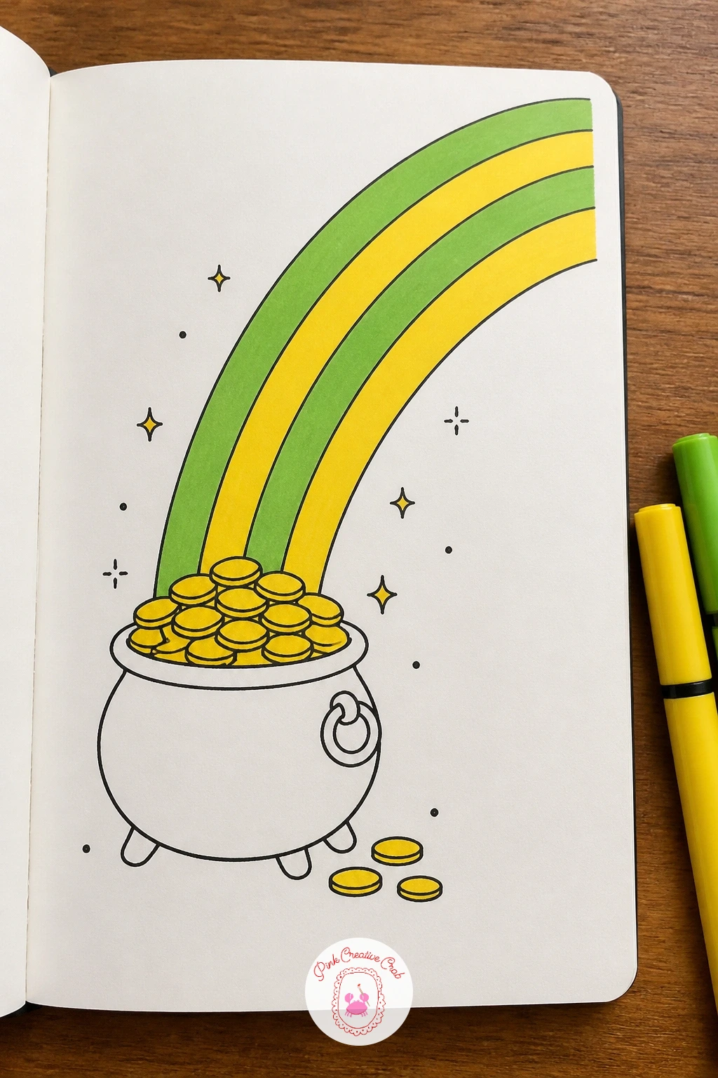 Pot of Gold at the End of a Rainbow — Build toward a bigger payoff with a small pot of gold sitting right where a rainbow touches the ground. March doodles