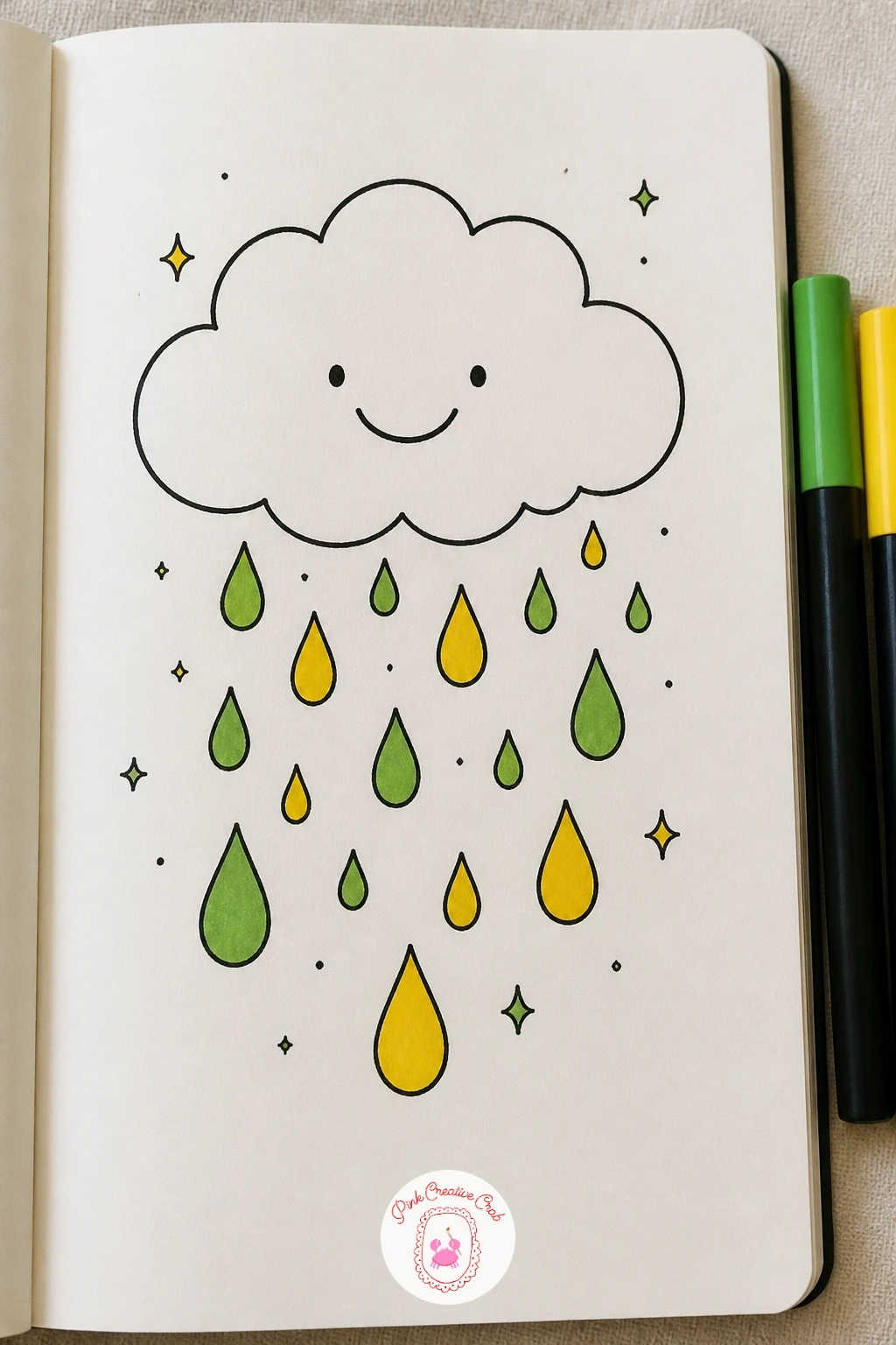 Cloud With Raindrops Like Tears of Joy — Give the weather a little personality with a small cloud drawn with a simple smiling face, raindrops falling from it