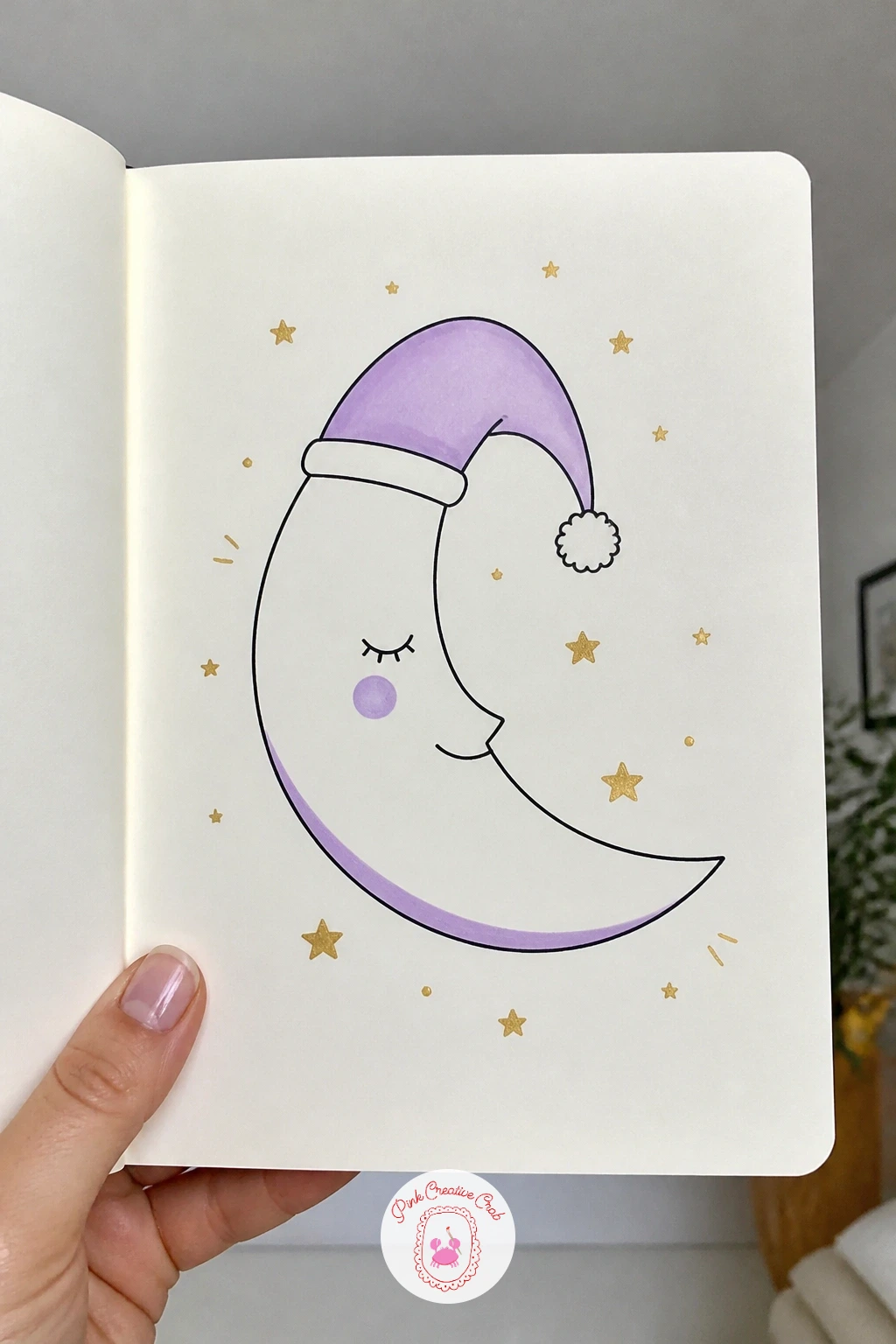 Crescent Moon Wearing A Nightcap — Start with the easiest shape in the whole list: a fat crescent moon, drawn as two curved lines that meet in points at top