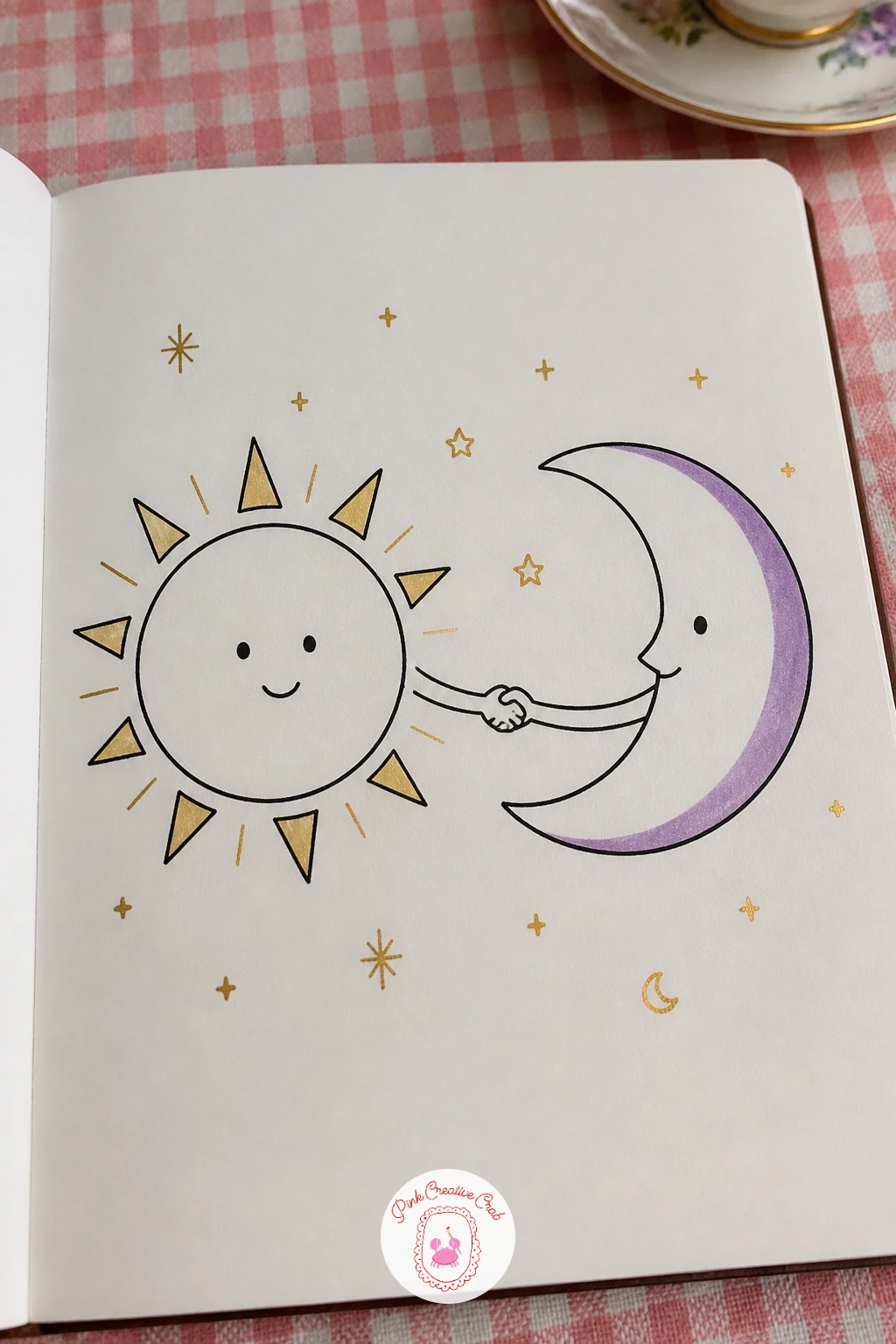 Sun And Moon Holding Hands — Pair up your two biggest celestial characters for this one, since a sun and moon side by side make an easy, charming scene.
