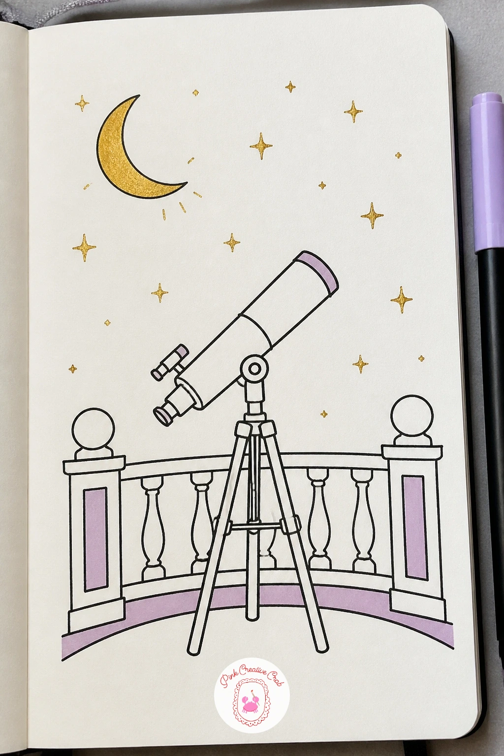 Telescope On A Balcony — Give the sky a viewer with this one, and think about eye level before you start: draw the balcony railing low across the bottom third