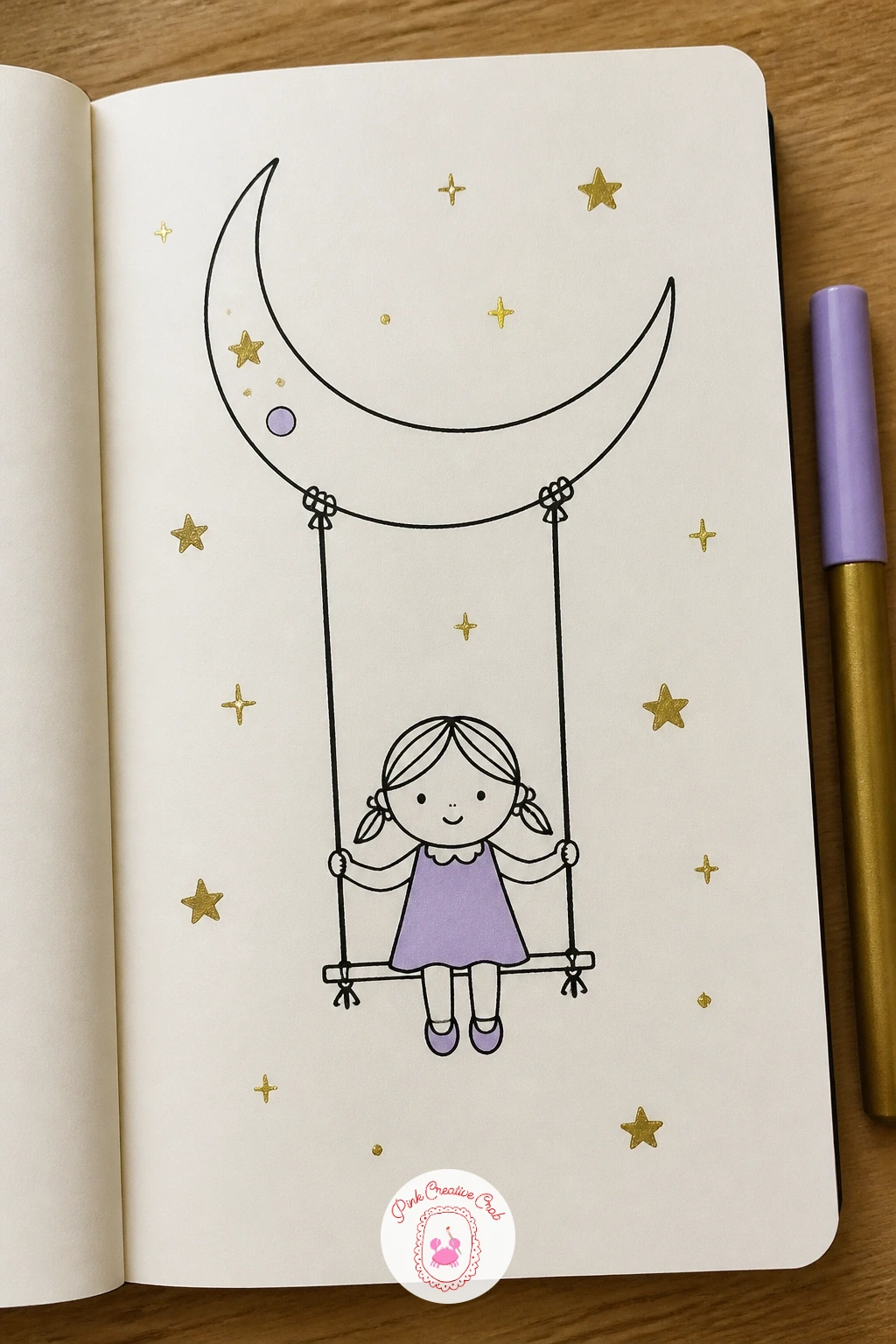 Moon Swing With A Child — Carry the gentle, storybook mood from the wishing well into this one. Celestial doodles