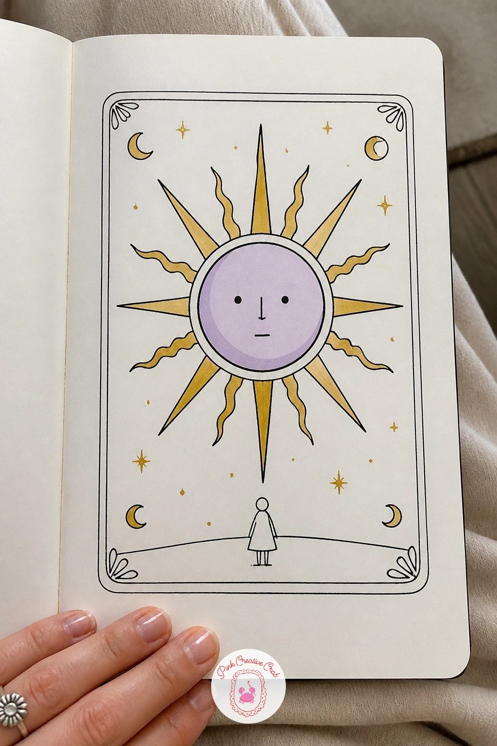 Tarot Style Sun Card — Borrow a bit of structure from tarot card art for this one, which makes a good excuse to practice a framed composition. Celestial doodles