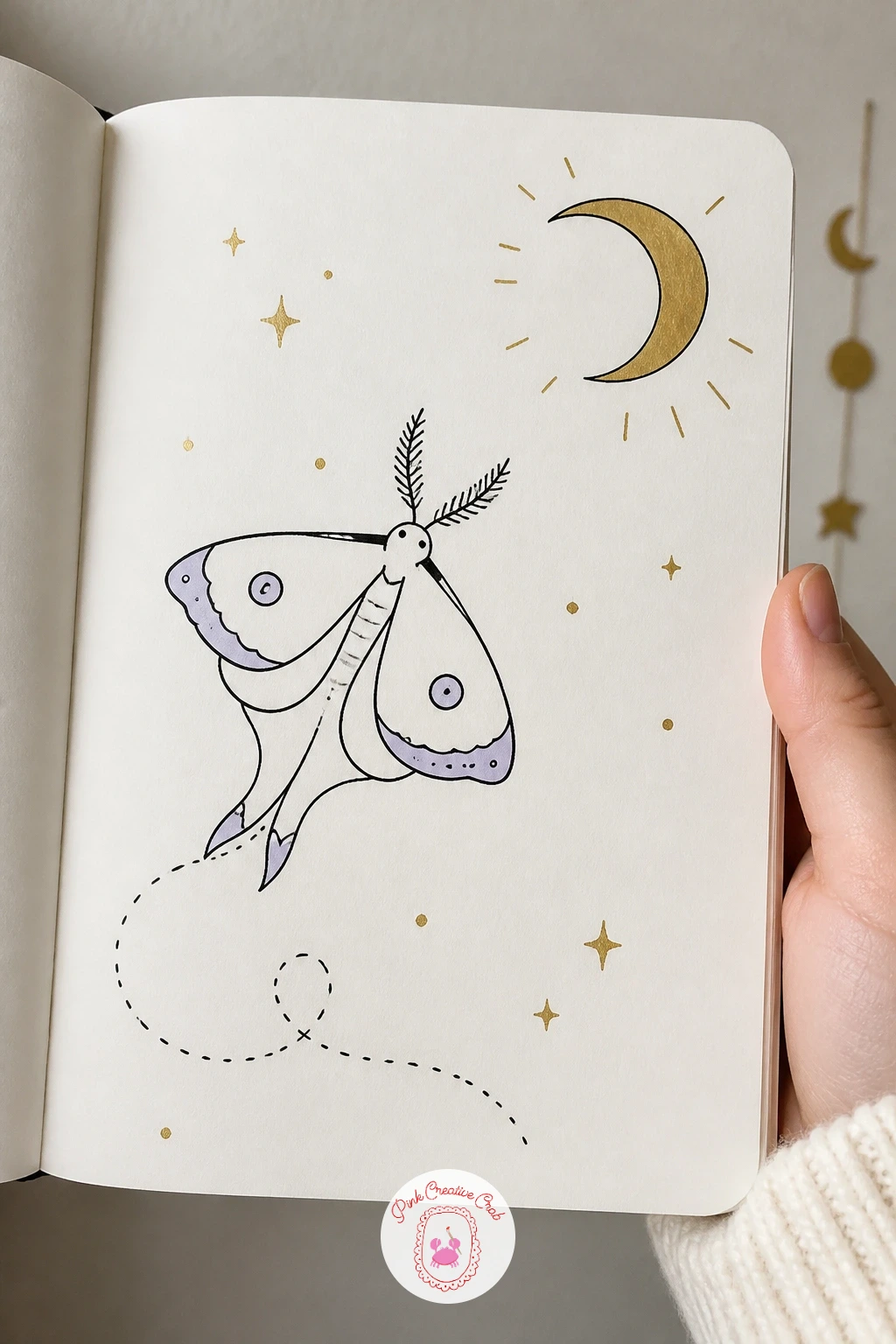 Moth Flying To The Moon — Soften your edges for this one, since a moth's wings need to feel powdery rather than sharply outlined. Celestial doodles
