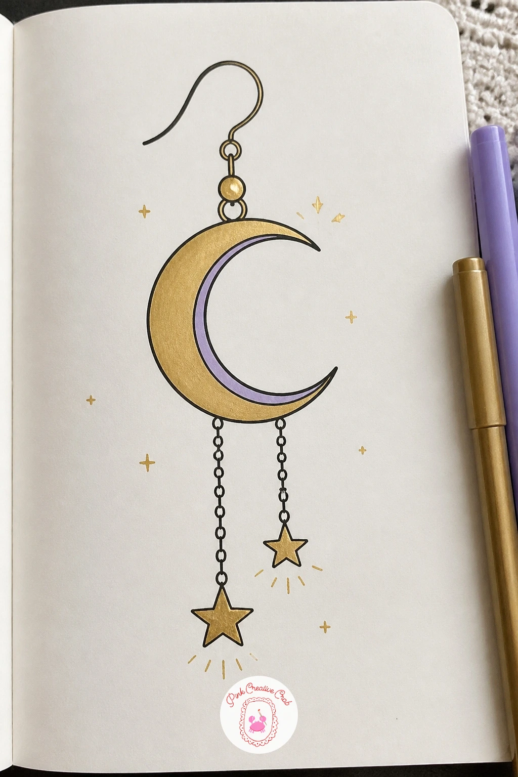 Crescent Moon Earring — Close the list with the smallest and most detailed subject in the set, a single crescent moon earring drawn large so every tiny part